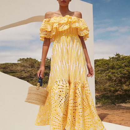 French Embroidery Hollow Travel Vacation Women's Dress - Harmony Gallery