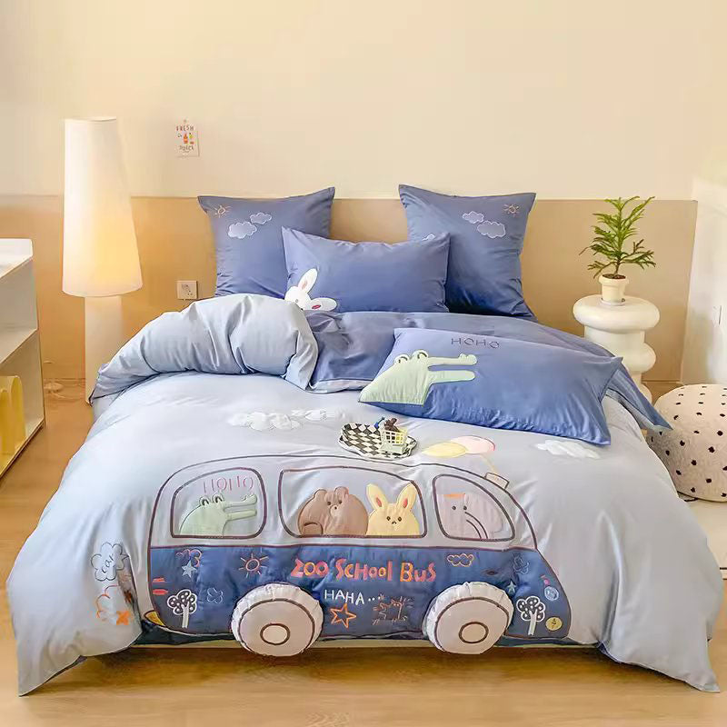 Cartoon Happy Bus Zoo School Four-Piece Pure Cotton Bed Set - Harmony Gallery