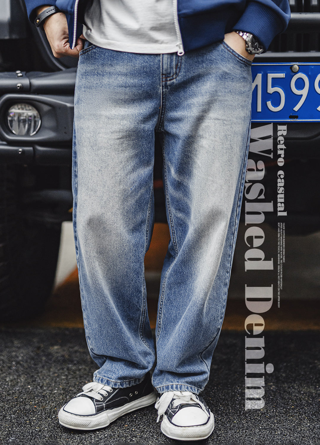 American Retro Washed Cat Whisker Grinding White Denim Cotton Men's Jeans - Harmony Gallery