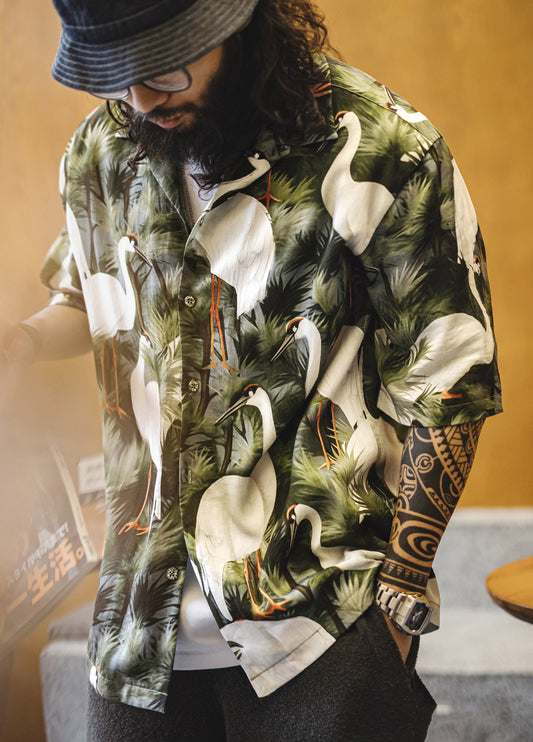 American Retro Crane Flower Pine Crane Green Tencel Hawaiian Men's Shirt - Harmony Gallery