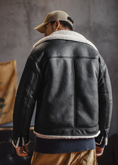 American G1 Flight Bomber Faux Textured Lambswool Lychee Leather Men's Jacket - Harmony Gallery