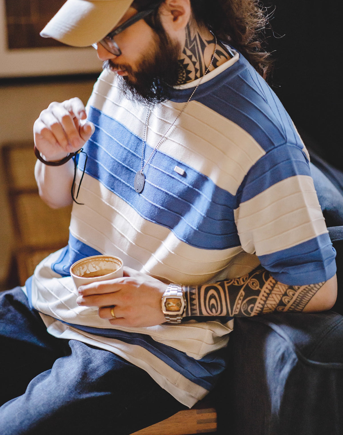 American Retro Contrast Color Striped Knitted Draped Men's T-Shirt - Harmony Gallery