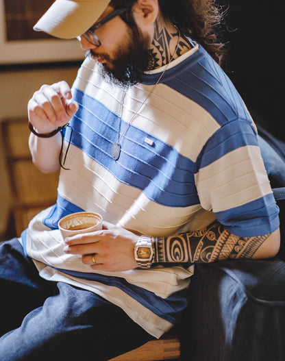 American Retro Contrast Color Striped Knitted Draped Men's T-Shirt - Harmony Gallery