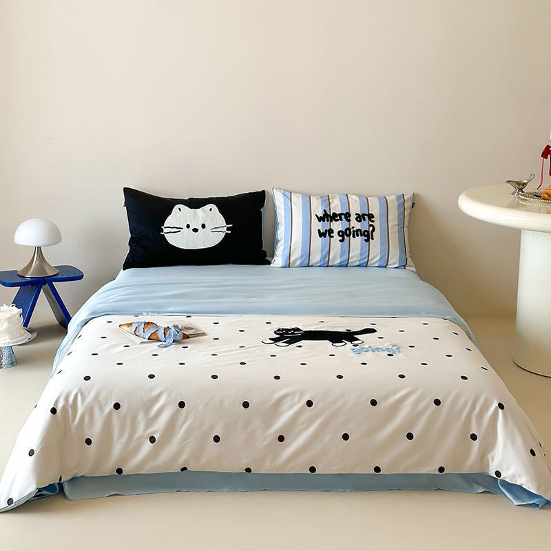 Black Polka Dot Cat Pure Cotton Skin-Friendly Four-Piece Bed Set - Harmony Gallery
