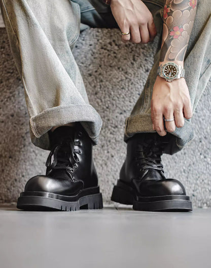 British Workwear Leather Derby High-Top Unisex Thick-Soled Boot - Harmony Gallery