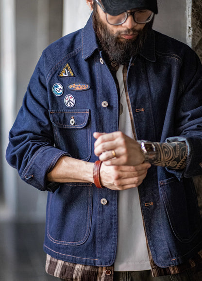 American Retro Embroidered Badge Denim Heavy Washed Men's Jacket - Harmony Gallery