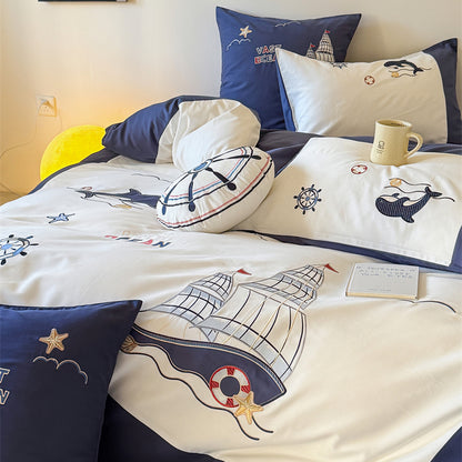 Cute Cartoon Brushed Boy Embroidered Pure Cotton Four-Piece Bed Set - Harmony Gallery