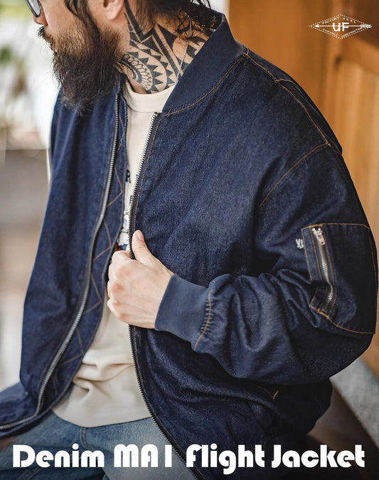American Retro Denim Washed MA1 Bomber Baseball Men's Jacket - Harmony Gallery