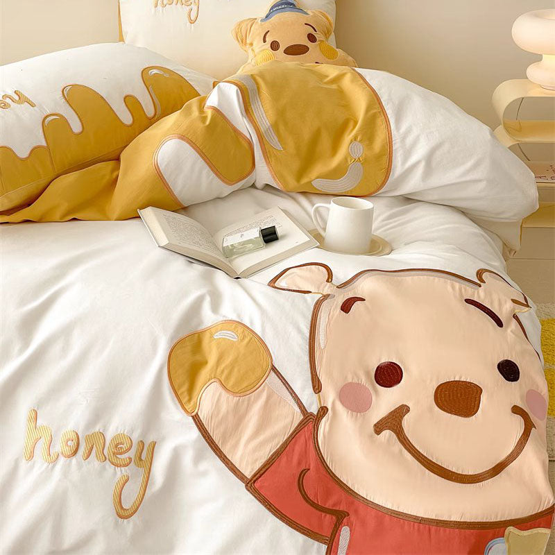 Cartoon Cute Disney Pooh Washed Four-Piece Pure Cotton Bed Set - Harmony Gallery