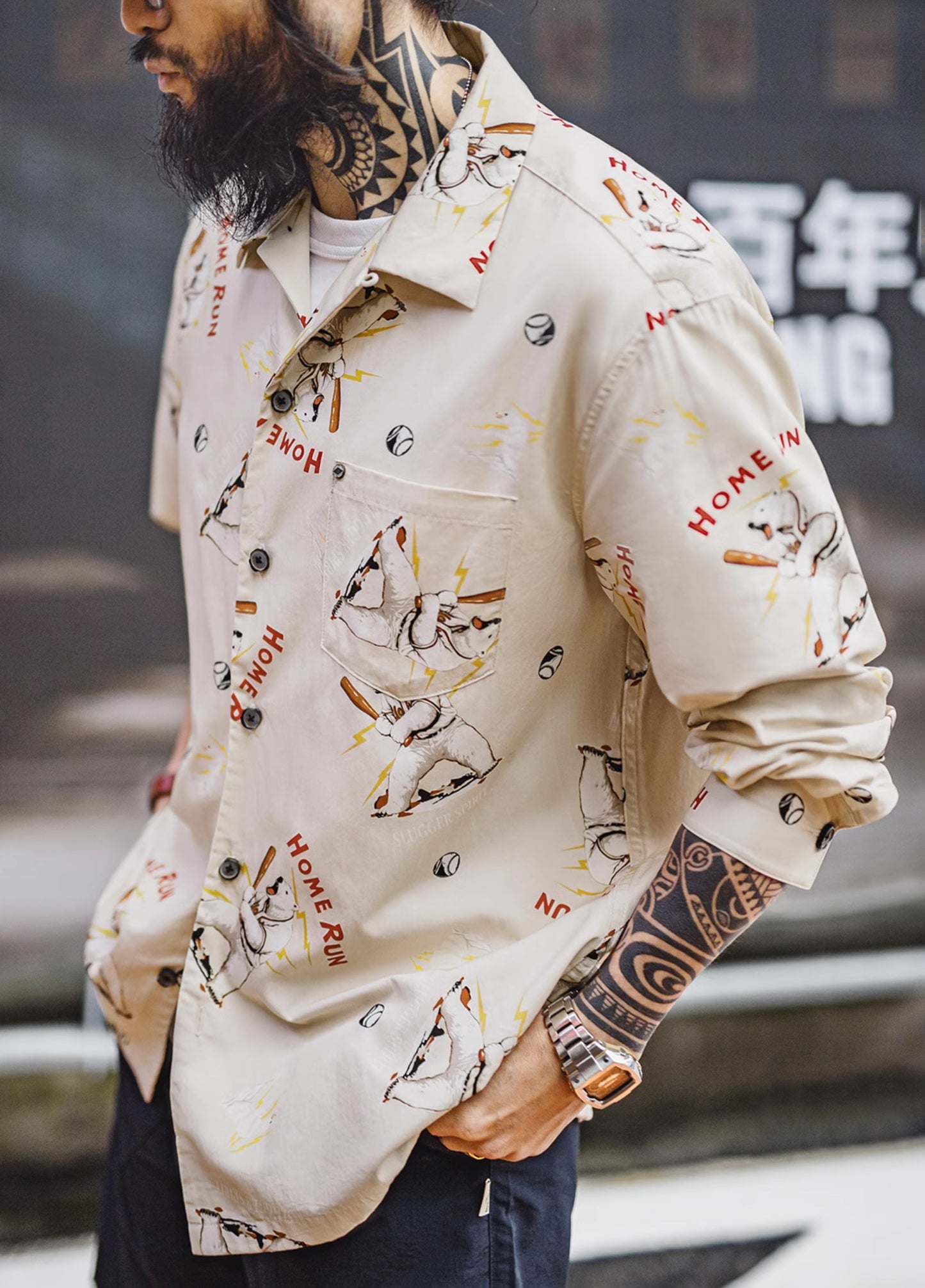 American Retro Cuban Collar Polar Bear Blended Cardigan Outerwear Men's Shirt - Harmony Gallery