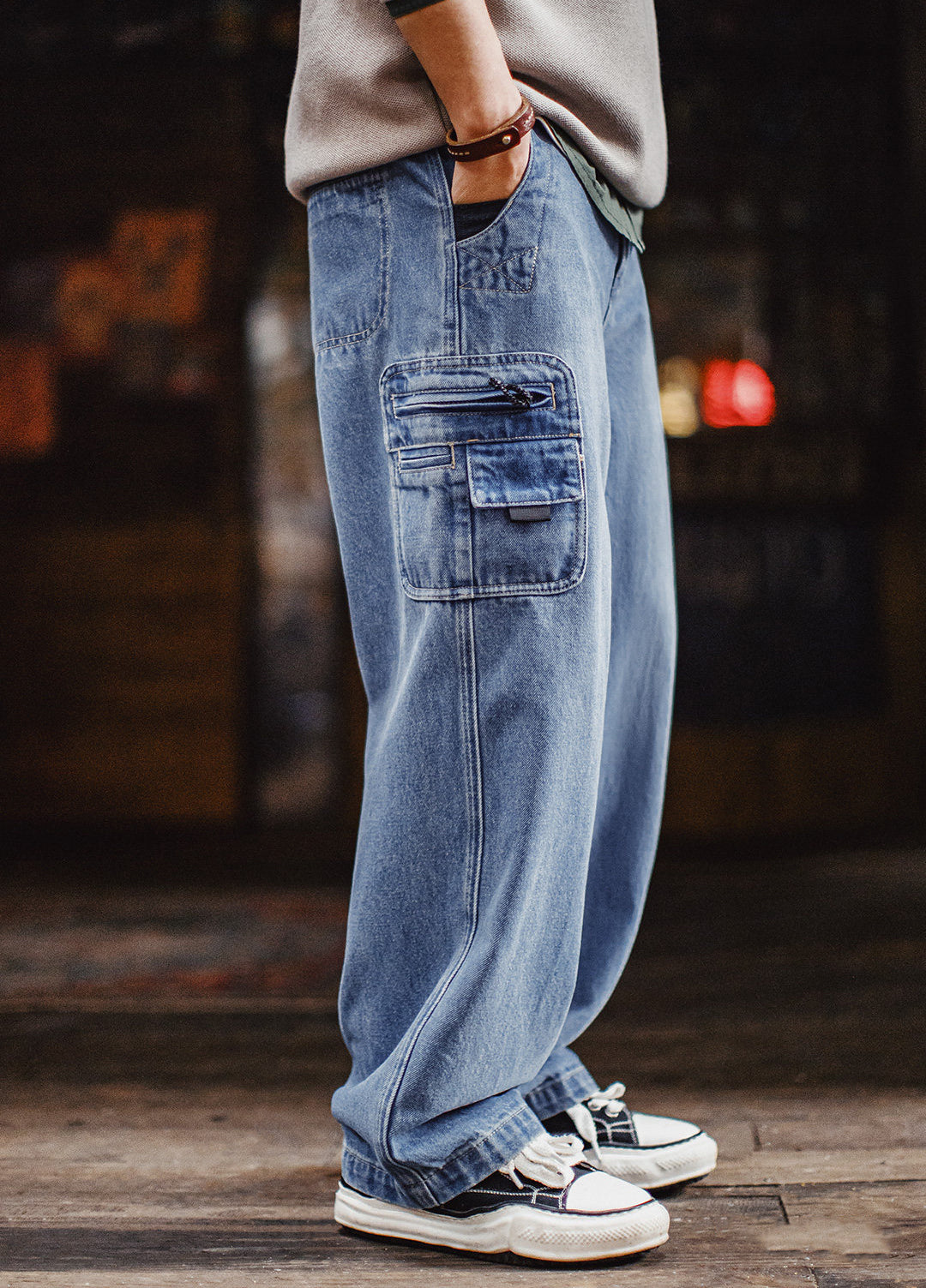 American Washed Denim Loose Straight Leg Pockets Drape Men's Jeans
