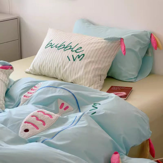 Cute Cartoon Fish Embroidered Washed Four-Piece Cotton Bed Set - Harmony Gallery