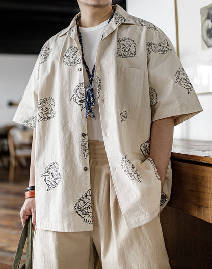 Retro Thor Printed Cotton Linen Loose Men's Shirt - Harmony Gallery