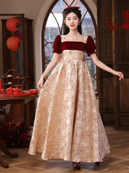 Vintage-Inspired Floral Jacquard Ball Gown with Velvet Accents - Harmony Gallery
