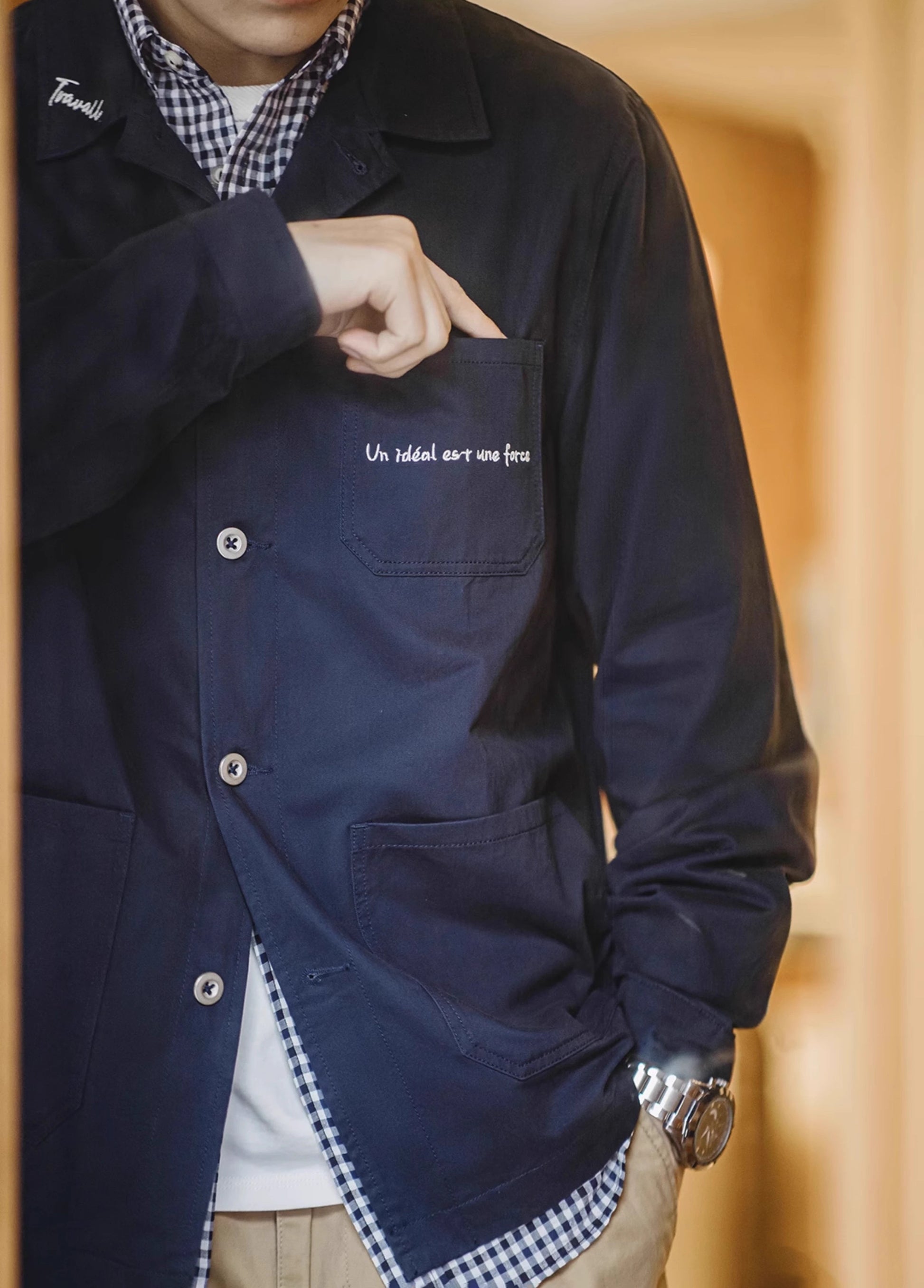 French Retro Embroidered Brushed multi-pocket Men's Jacket - Harmony Gallery