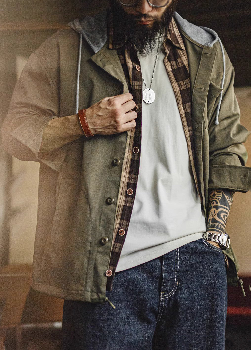 American Retro Fake Two-Piece Splicing Hooded Herringbone Men's Jacket - Harmony Gallery