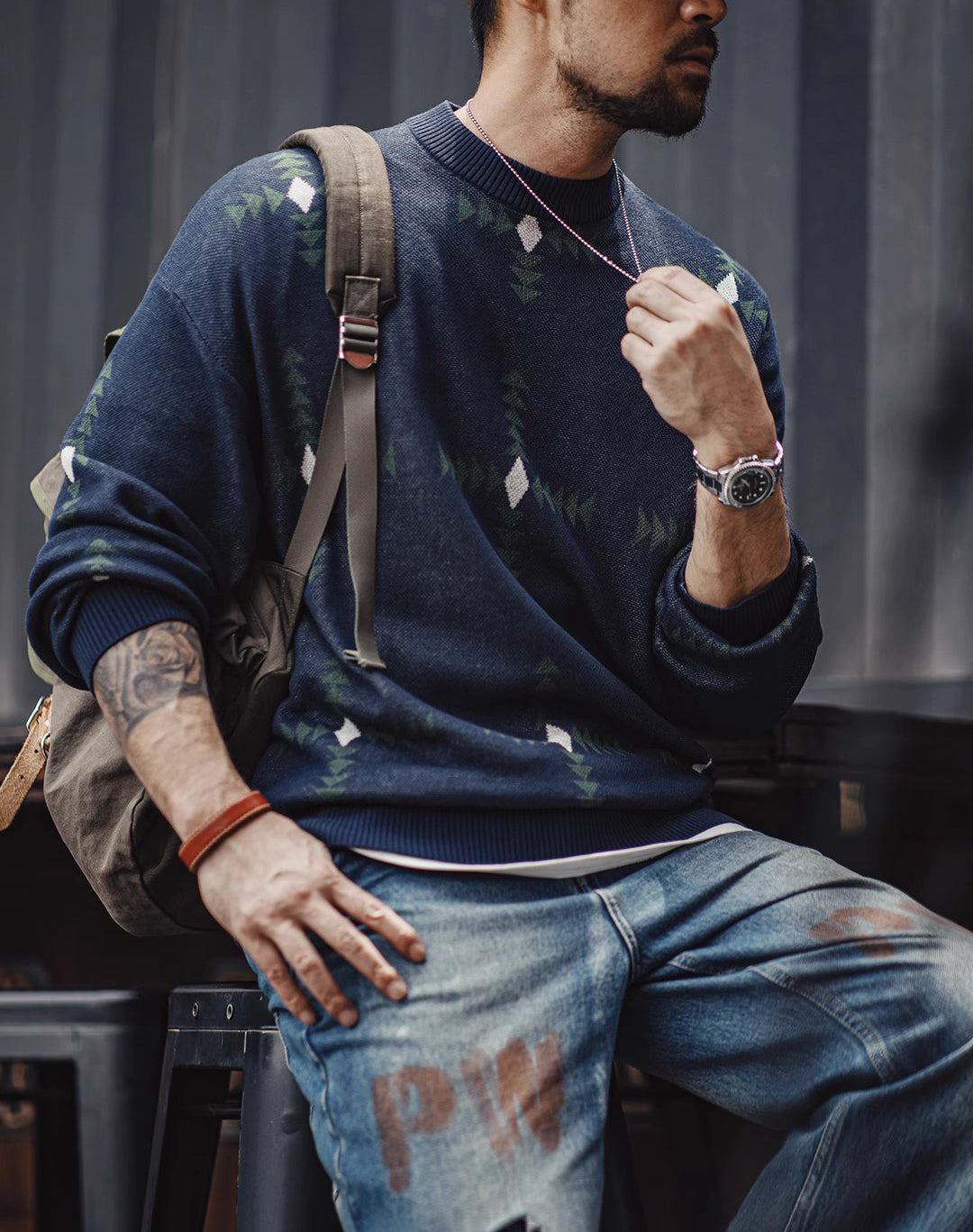 American Retro Geometric Plaid Knitted College Pullover Men's Sweater - Harmony Gallery