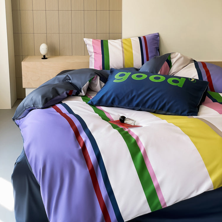Nordic Simple Contrast Stripes Four-Piece Satin Pure Cotton Bed Set - Harmony Gallery
