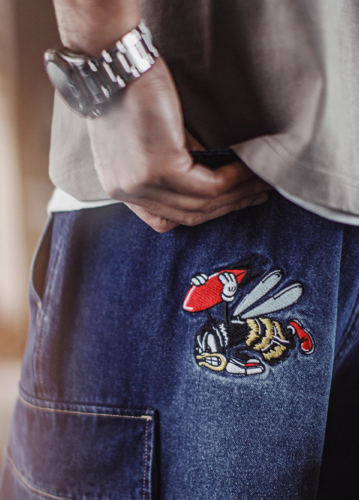 American Retro Washed Blue Embroidered Double Pocket Paratrooper Men's Shorts - Harmony Gallery