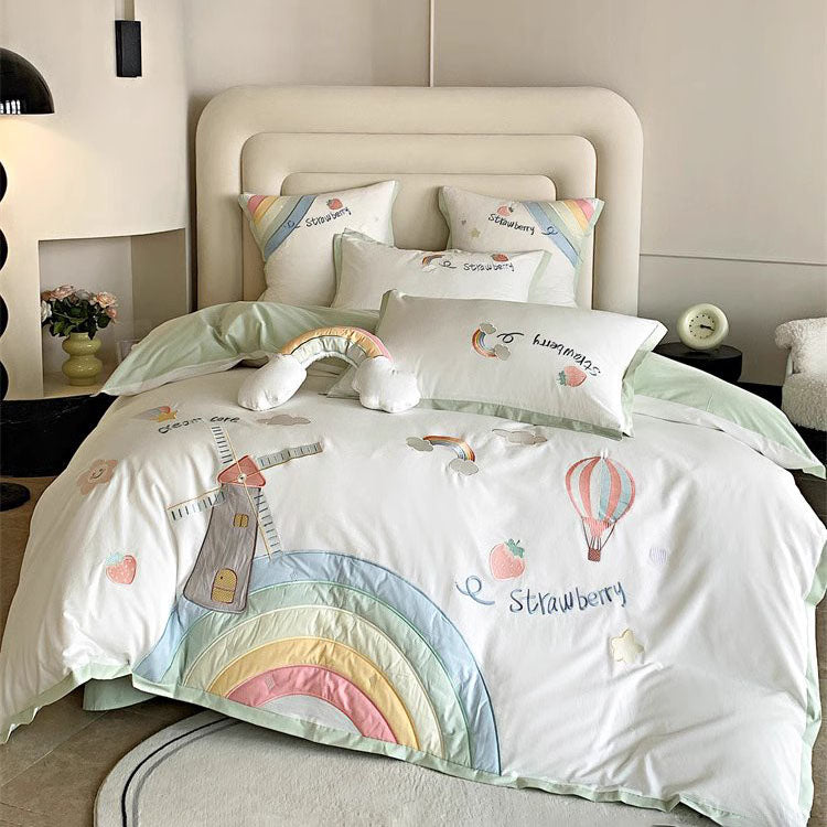 Cute Girly Heart Rainbow Pure Cotton Washed Four-Piece Bed Set - Harmony Gallery