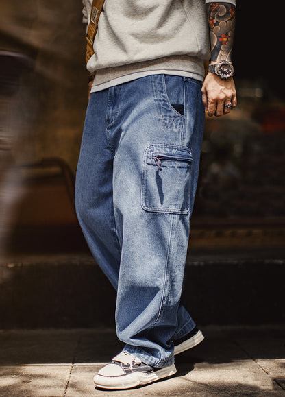 American Washed Denim Loose Straight Leg Pockets Drape Men's Jeans