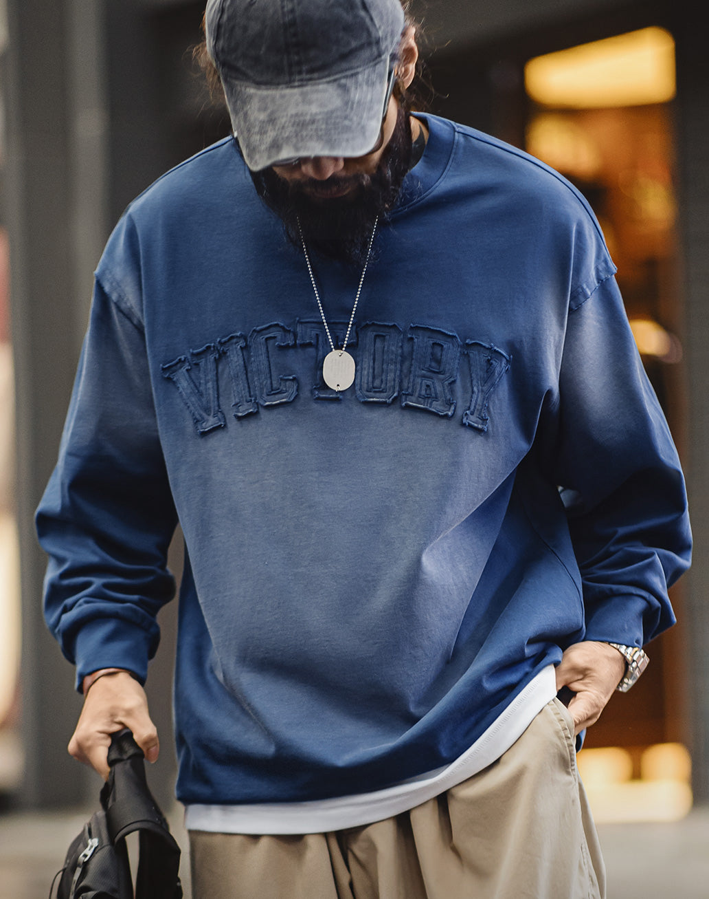 American Retro Letter Patch Gradient Color Washed Men's Sweater - Harmony Gallery