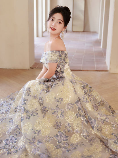 Elegant Off-Shoulder Gold and Blue Floral Embroidered Ball Gown Dress - Harmony Gallery