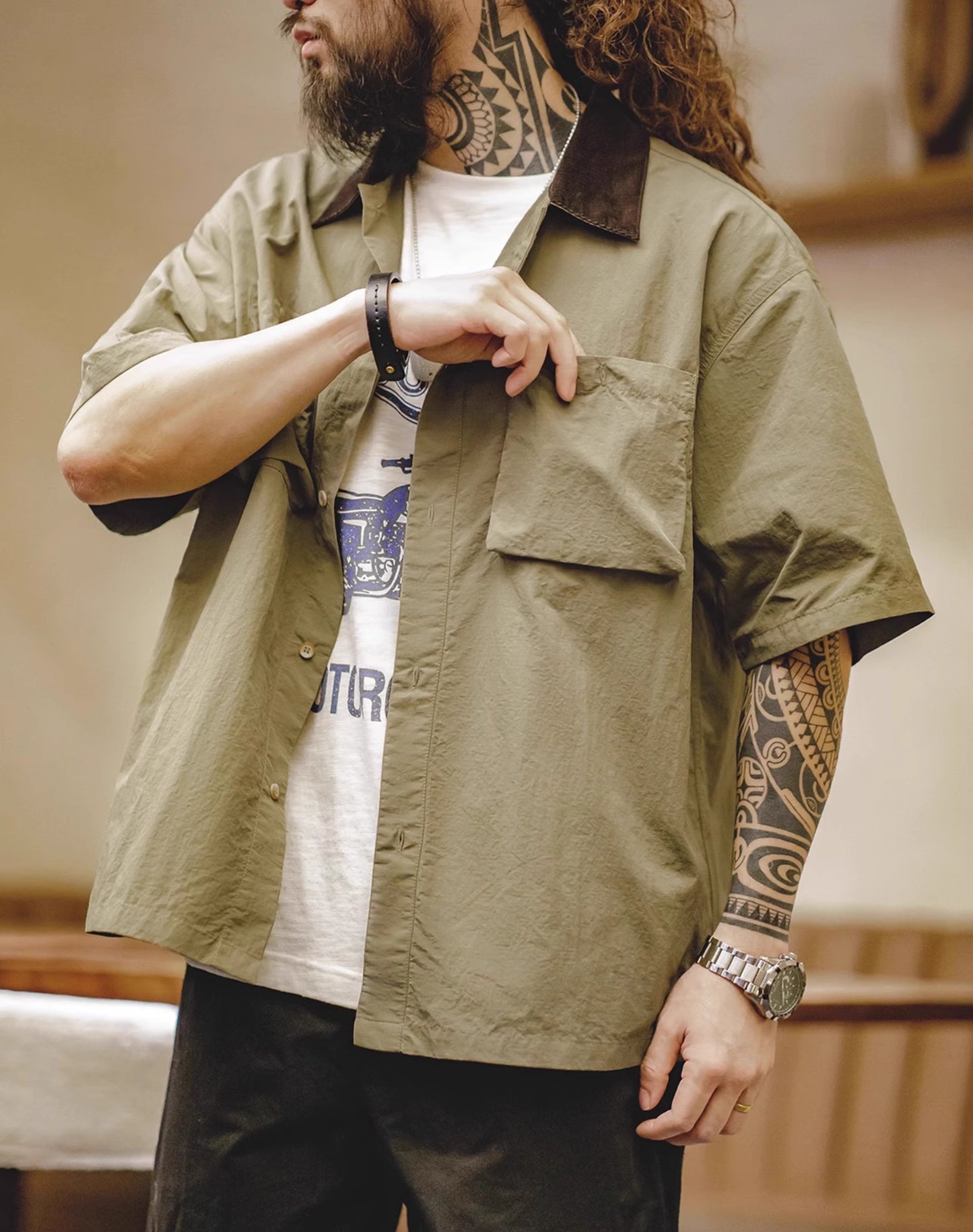 American Retro Waterproof Half-Sleeved Pocket Hunting Men's Shirt - Harmony Gallery