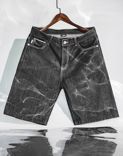 American Retro Silver Cow Raw Denim Straight Men's Shorts - Harmony Gallery