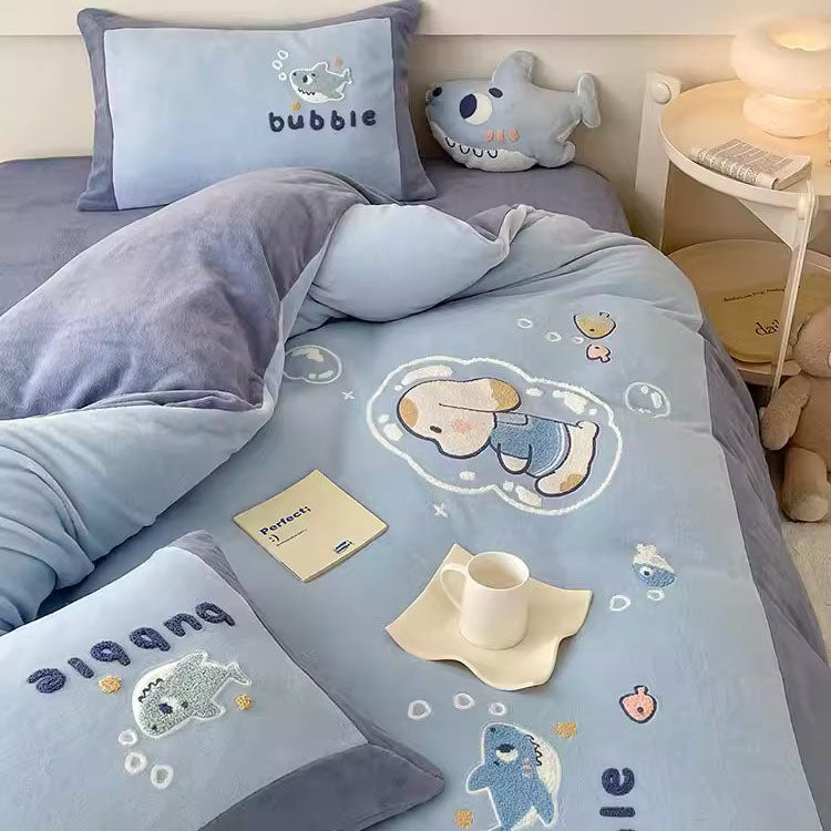 Cute Cartoon Bubble Shark Washed Four-Piece Pure Cotton Bed Set - Harmony Gallery