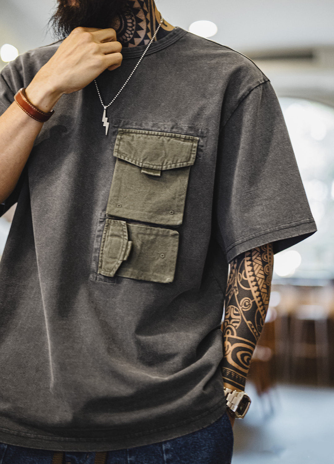 American Retro Distressed Printed Pocket Washed Pure Cotton Men's T-Shirt
