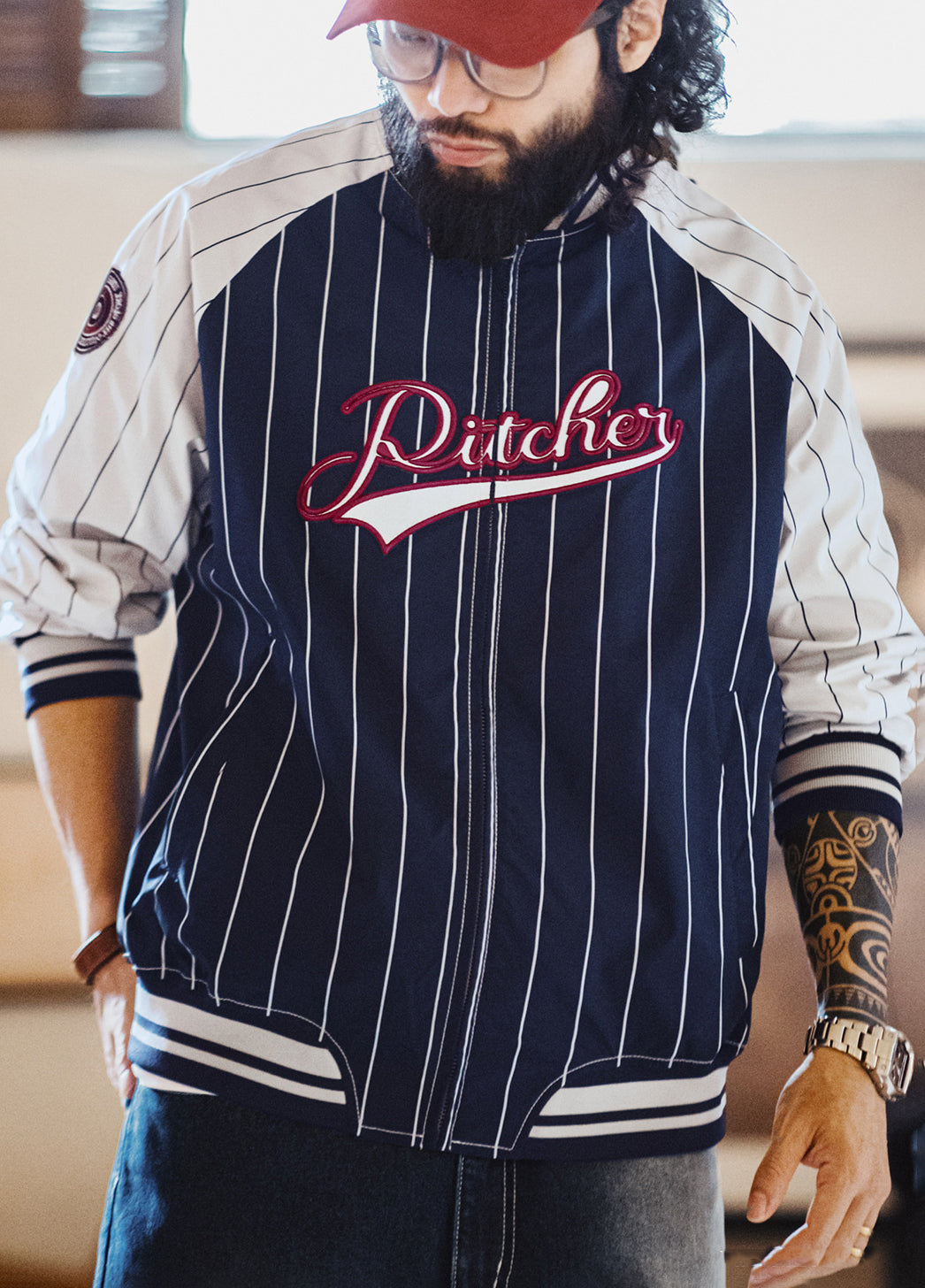 American Retro Striped Baseball Letter Embroidery Contrast Color Men's Jacket - Harmony Gallery