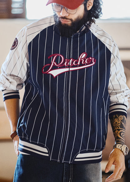 American Retro Striped Baseball Letter Embroidery Contrast Color Men's Jacket - Harmony Gallery