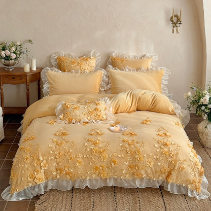 French Romantic Girly Four-Piece Thickened Coral Fleece Warm Bed Set - Harmony Gallery