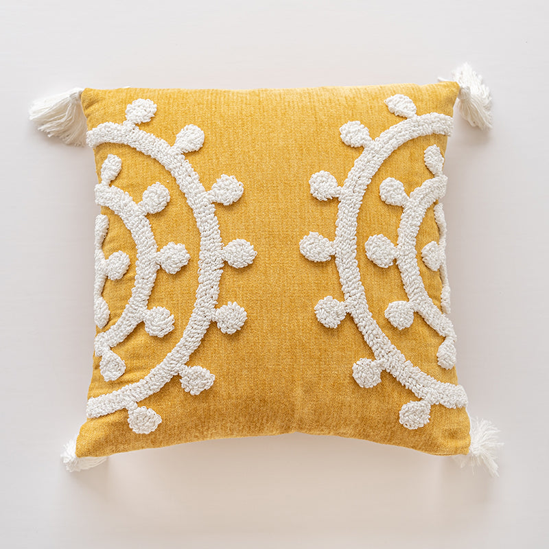 Golden Elegance Tassel Accent White Embroidered Scrollwork Throw Pillows - Harmony Gallery