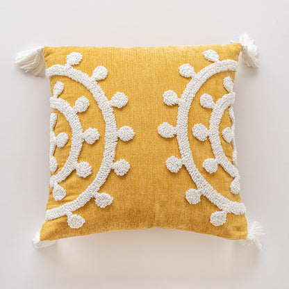 Golden Elegance Tassel Accent White Embroidered Scrollwork Throw Pillows - Harmony Gallery