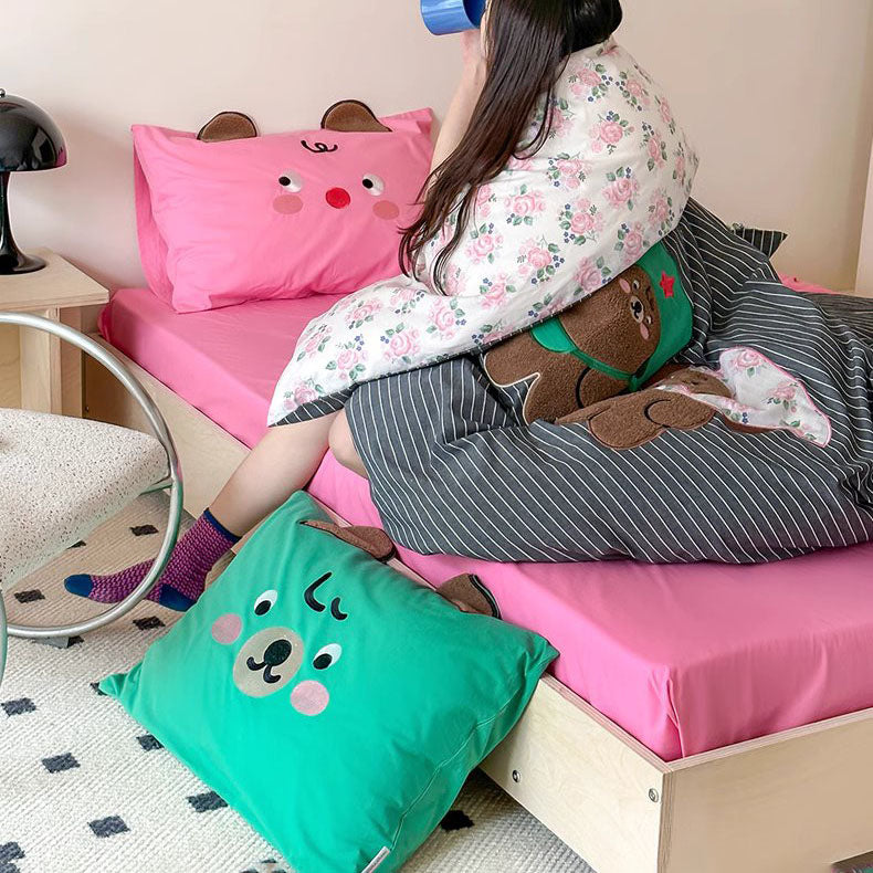 Cute Cartoon Creative Contrasting Color Washed Four-Piece Cotton Bed Set - Harmony Gallery