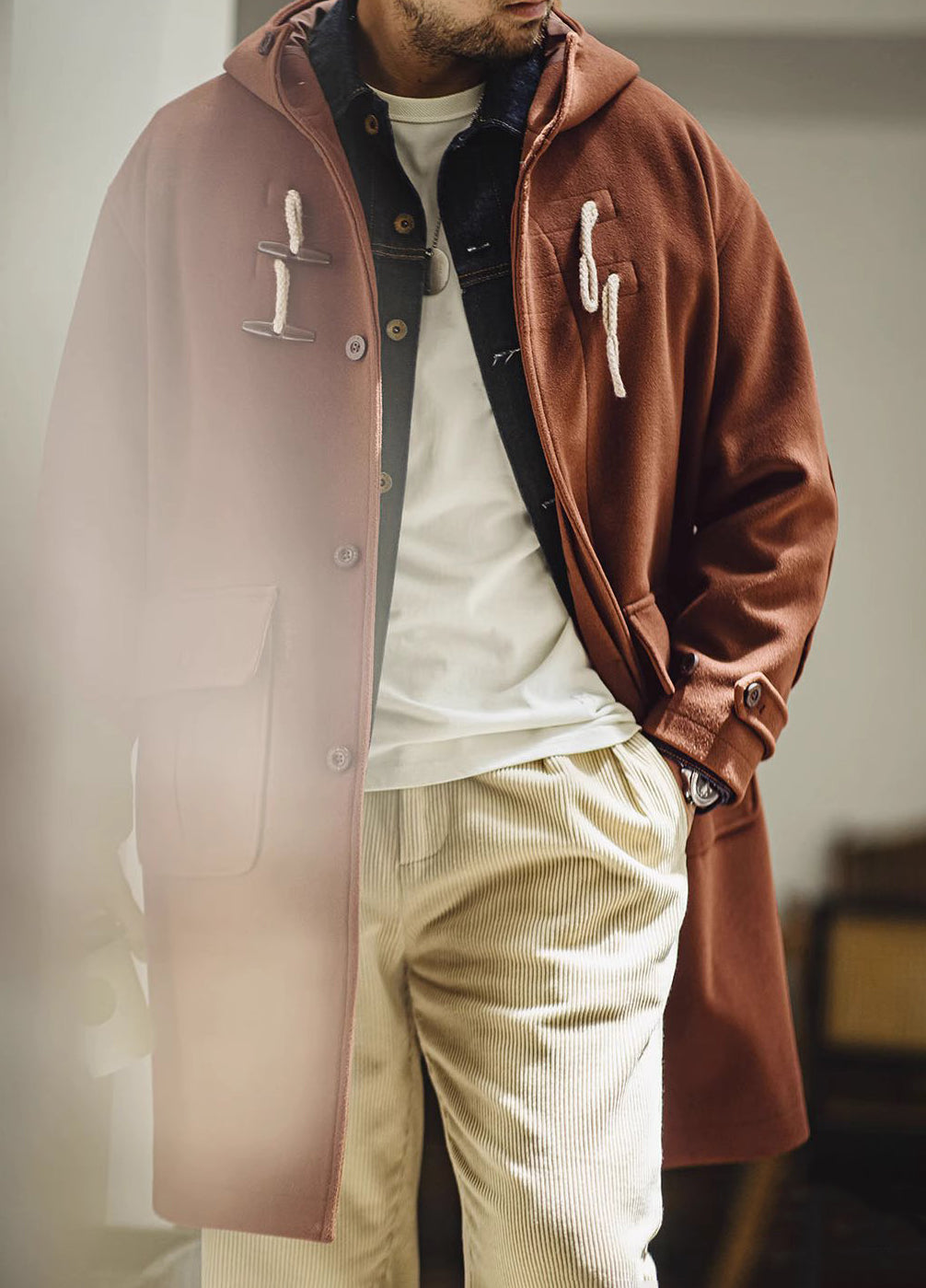American Retro Horn Button Woolen College Long Coat Men's Jacket - Harmony Gallery
