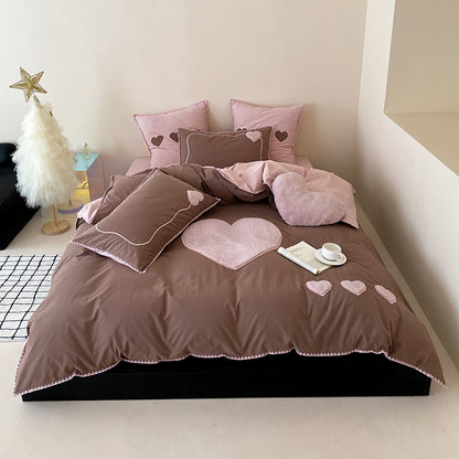 Girls Love Fall And Winter Thickened Brushed Four-piece Pure Cotton Bed Set - Harmony Gallery