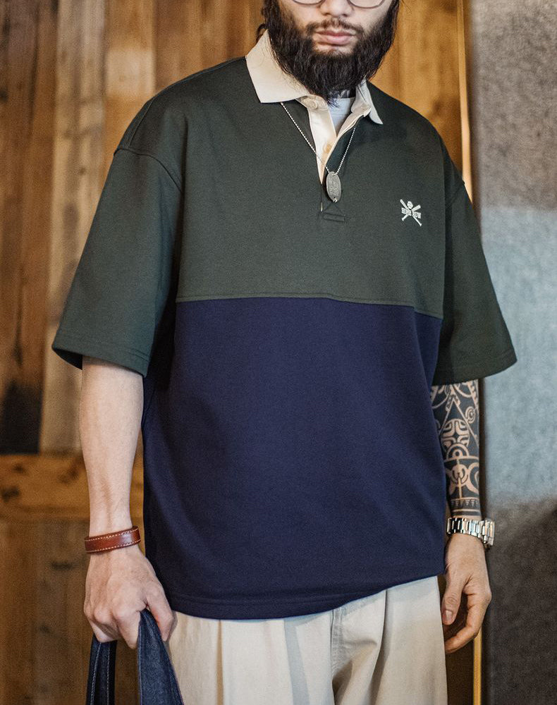 American Retro Stitching Contrast Color POLO College Embroidery Oversize Men's T-Shirt - Harmony Gallery