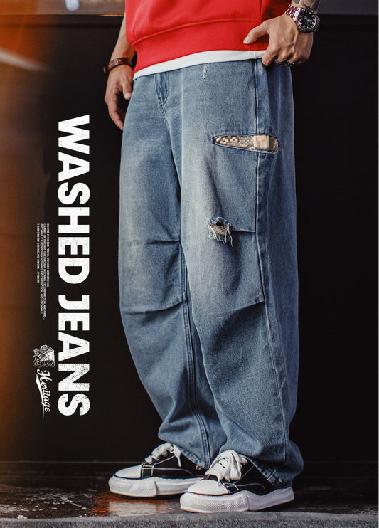 American Wide-Leg Paratrooper Washed Ripped Antique Hole Break Men's Jeans - Harmony Gallery