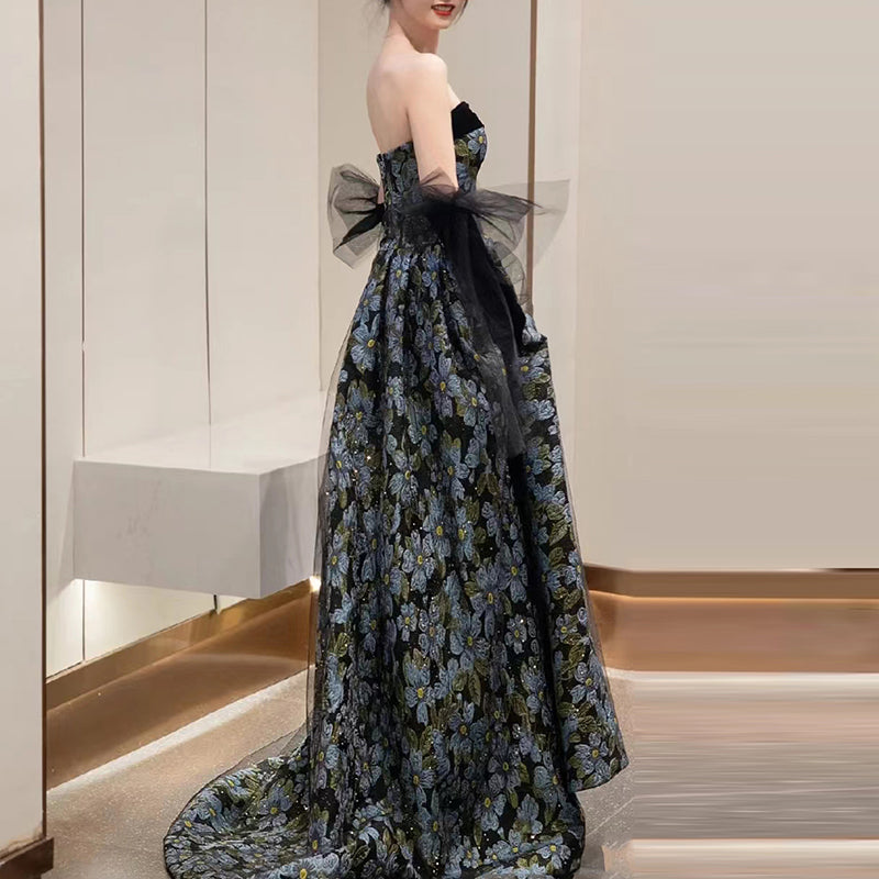 Elegant Black and Blue Floral Strapless Ball Gown with Sheer Gloves - Harmony Gallery