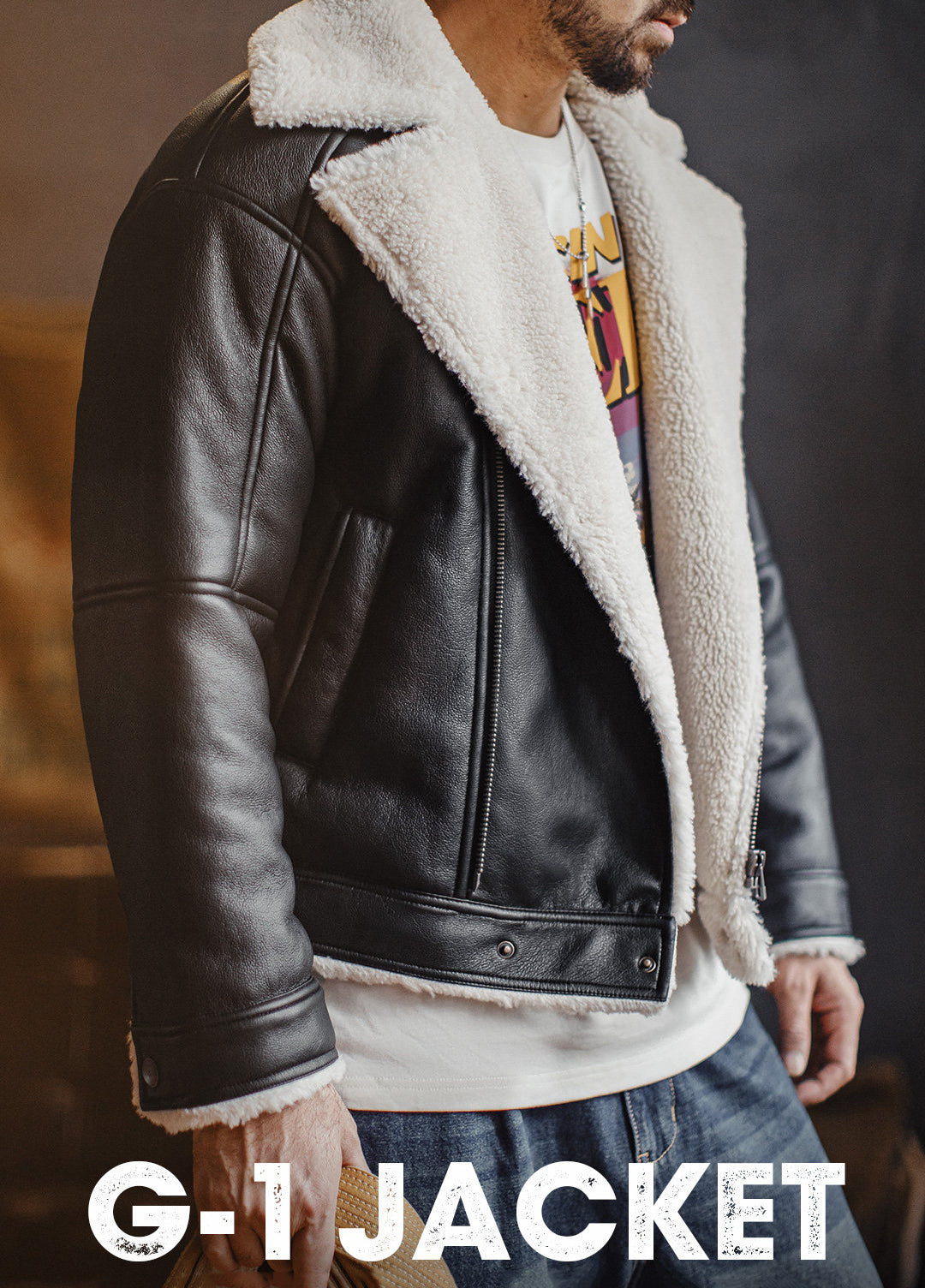 American G1 Flight Bomber Faux Textured Lambswool Lychee Leather Men's Jacket - Harmony Gallery