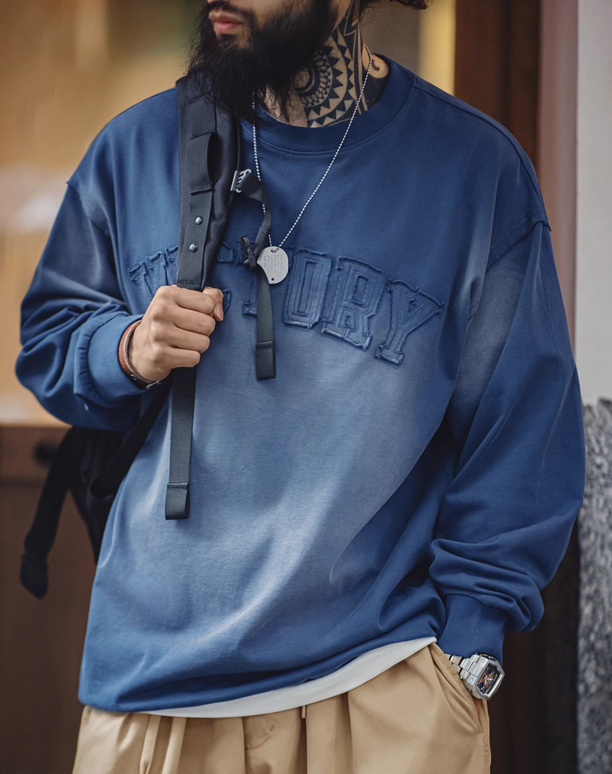 American Retro Letter Patch Gradient Color Washed Men's Sweater - Harmony Gallery
