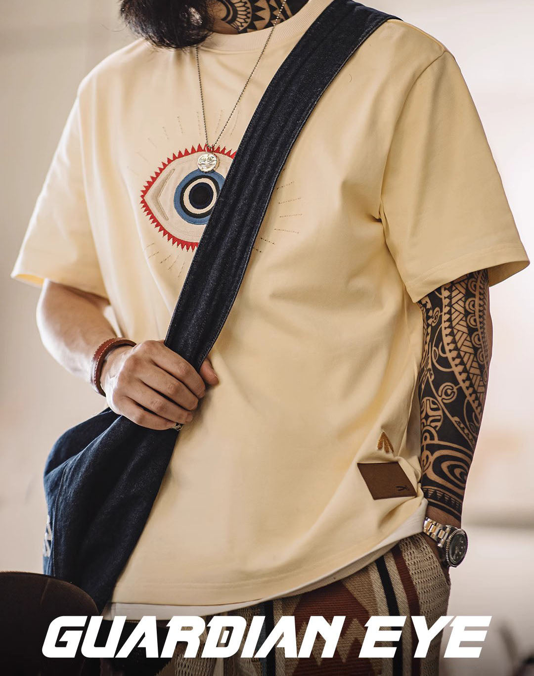 American Retro Guardian Eye Embroidered Cotton Men's T-Shirt - Harmony Gallery
