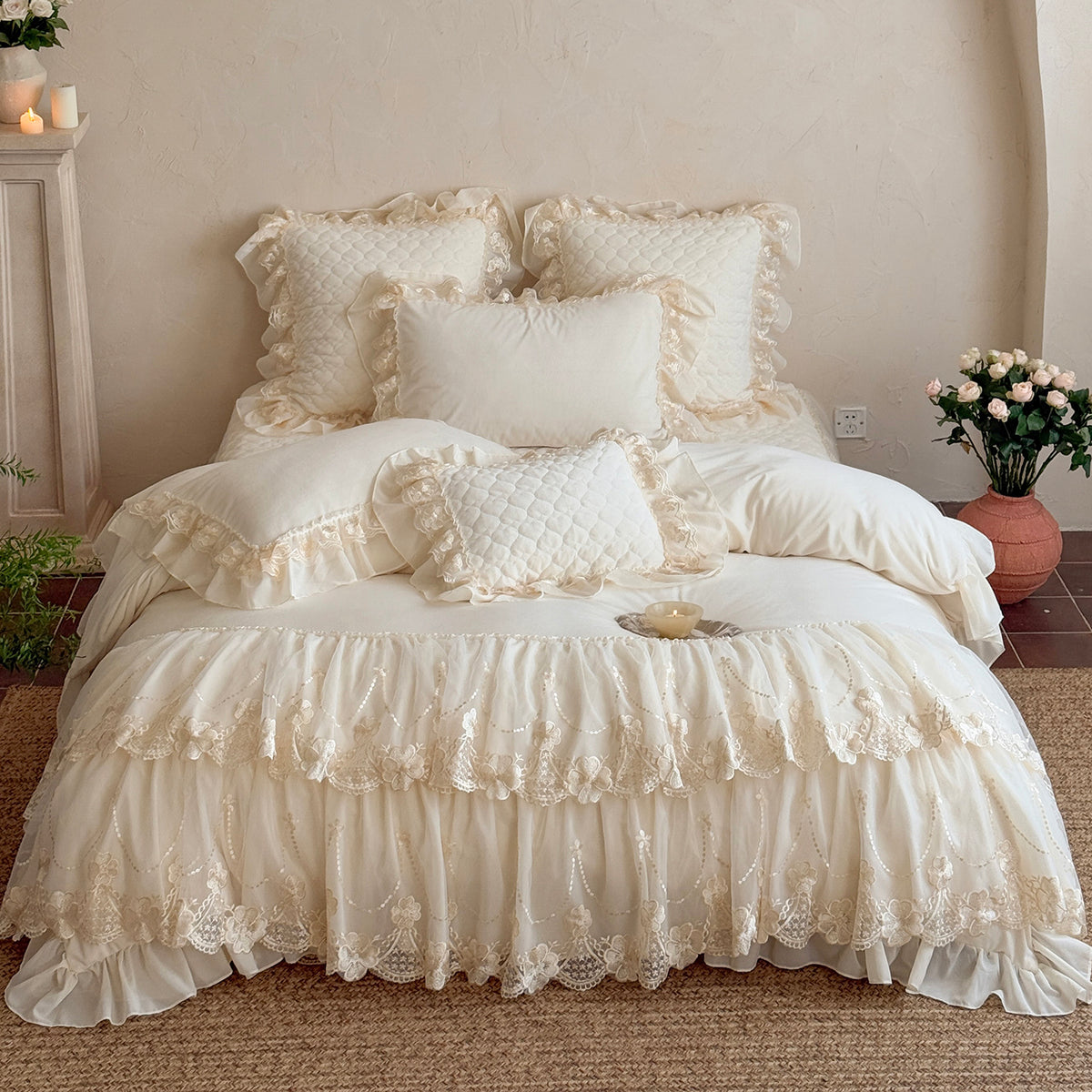 French Romantic Four-Pieces Thickened Warm Double-Sided Baby Lace Trim Bed Set - Harmony Gallery