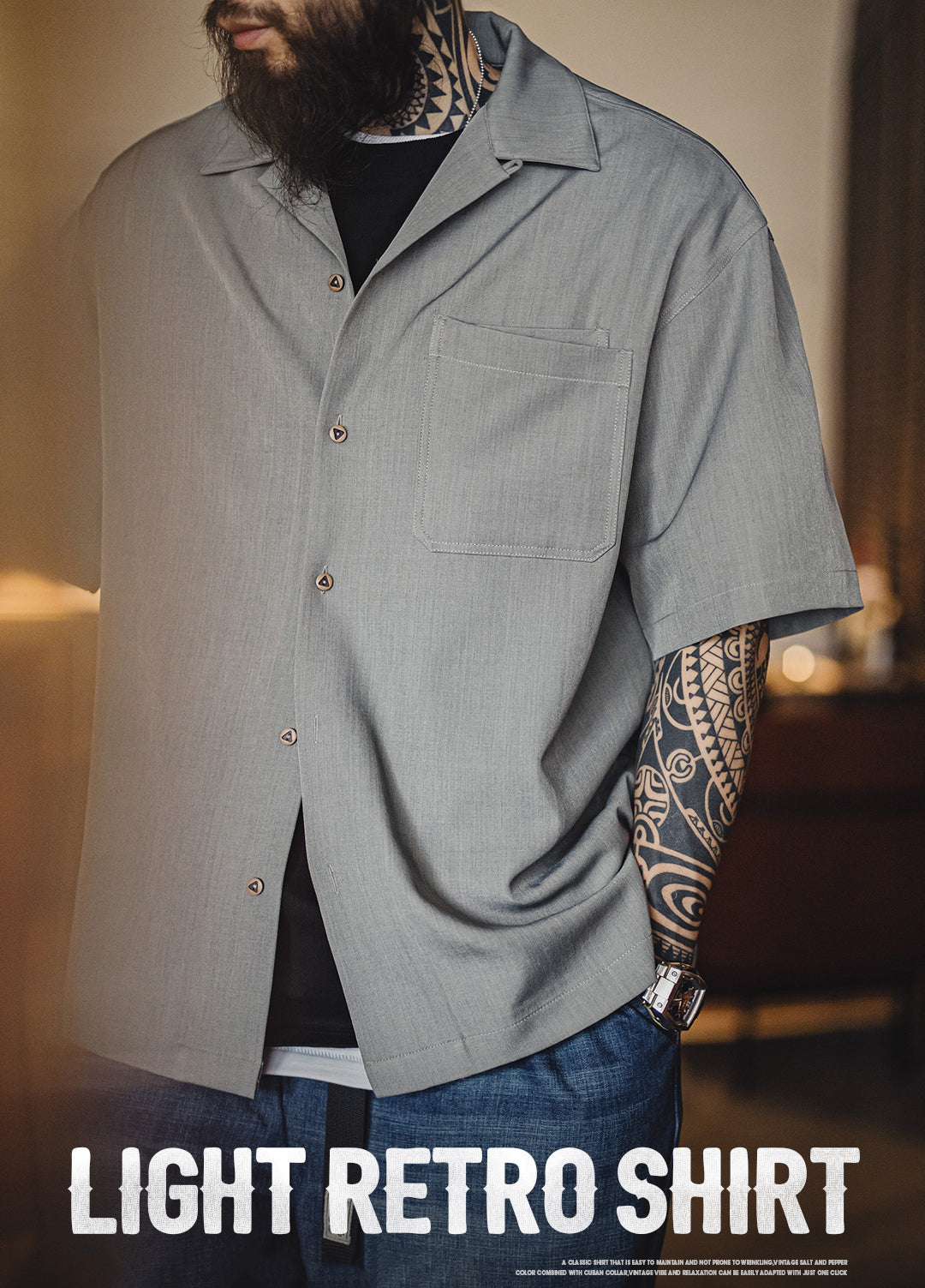 American Retro Collar Drape Clean Fit Short-Sleeved Daily Men's Shirt - Harmony Gallery