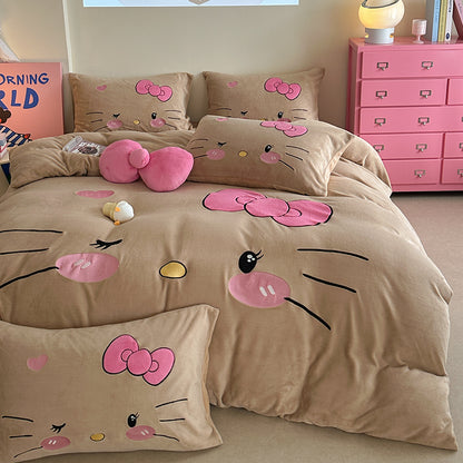 Children's Hello Kitty Little Milk Fleece Cartoon Winter Four-Piece Bed Set - Harmony Gallery