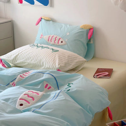 Cute Cartoon Fish Embroidered Washed Four-Piece Cotton Bed Set - Harmony Gallery