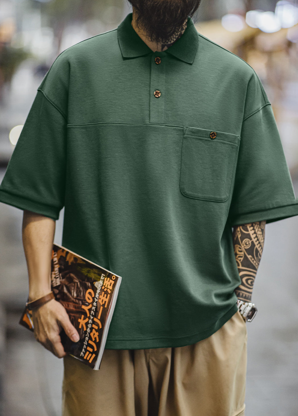 American Retro Mountain Green Polo Heavy Loose College Half Sleeve Men's T-Shirt - Harmony Gallery